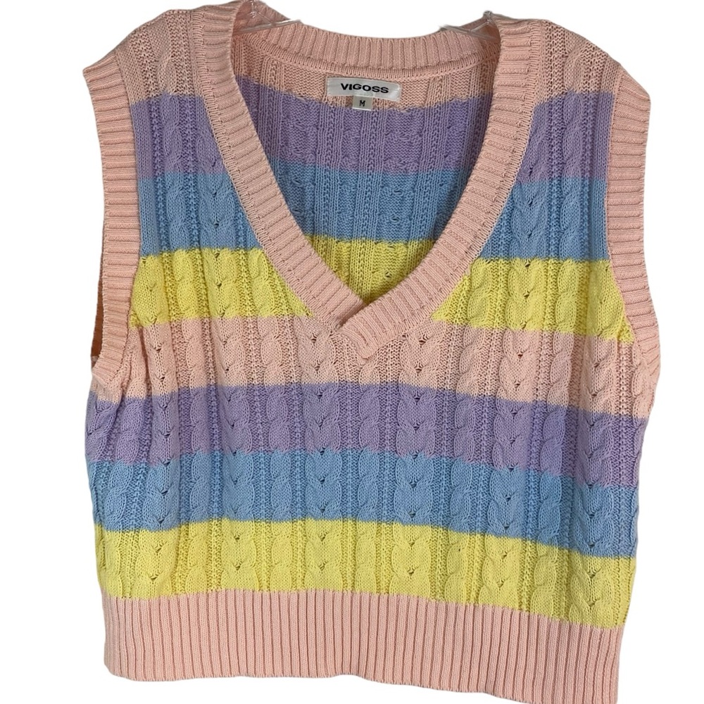 Vigoss Cableknit Sweater Vest Pastel Stripes, Size M Preppy CollegeCore - Picture 2 of 10